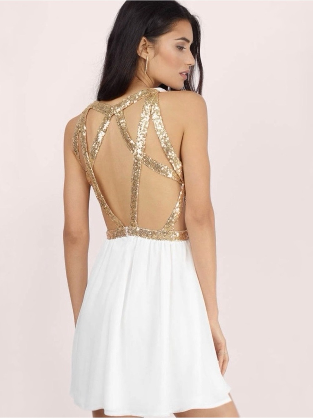 Tobi Gold metallic skater dress white mini Roman dress sequin straps NWT XS